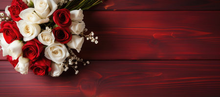 Bouquet of red and white roses on a red wooden backgroundの素材