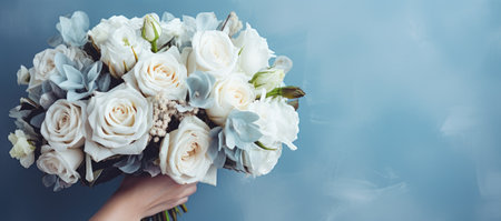 Wedding bouquet of white roses in woman's hand on blue background.の素材