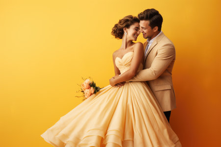 bride and groom in a yellow studio on a yellow background.の素材