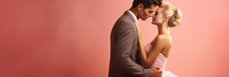 panoramic shot of beautiful bride and groom kissing on pink backgroundの素材