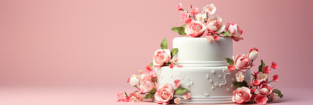 Wedding cake with pink flowers on a pink background, bannerの素材