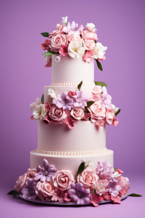 Wedding cake decorated with flowers on a purple background, verticalの素材