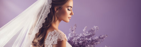 Beautiful bride in white wedding dress and veil, on violet backgroundの素材