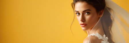 Portrait of beautiful bride in white veil, isolated on yellow backgroundの素材