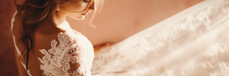 Portrait of a beautiful bride in a white wedding dress with laceの素材