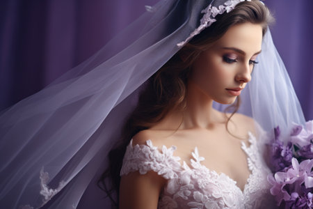 Beautiful bride in a white wedding dress with a bouquet of lilacsの素材