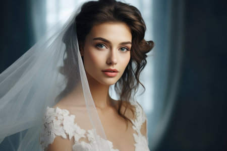 Portrait of a beautiful bride with makeup in white wedding dress.の素材