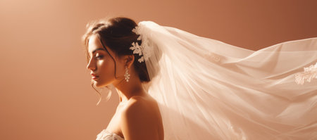 Beautiful young bride in wedding dress with veil. Studio shot.の素材