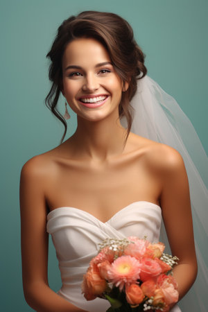 Portrait of beautiful smiling bride with bouquet of flowers on blue backgroundの素材