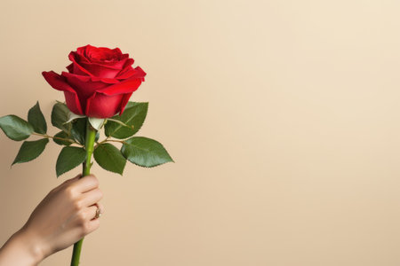 cropped view of woman holding red rose on beige background with copy spaceの素材