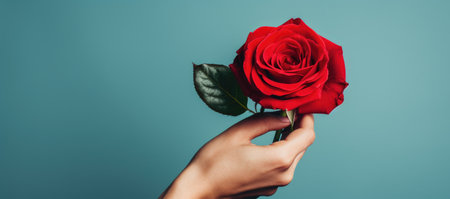 cropped view of woman holding red rose isolated on blue, valentines day conceptの素材