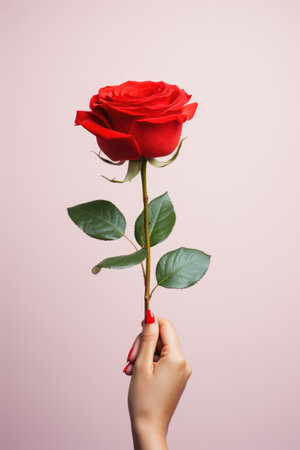 Female hand holding a red rose on a pink background. Copy space.の素材