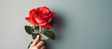 Female hand holding a red rose on a gray background. Copy space.の素材