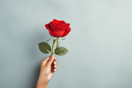 Female hand holding red rose flower on blue background with copy space.の素材