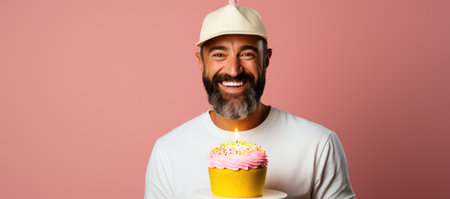 Handsome bearded man holding birthday cake with candle on a pink backgroundの素材