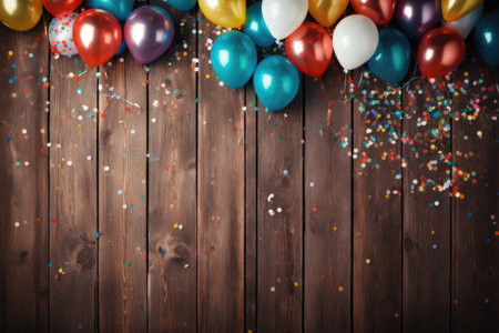 Colorful balloons and confetti on wooden background. Space for textの素材