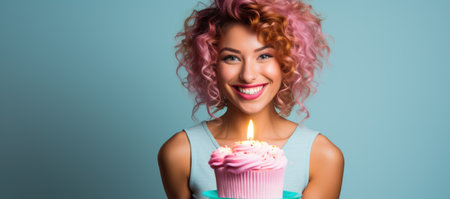 beautiful smiling young woman with birthday cake on blue background, panoramic shotの素材