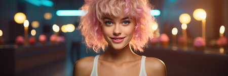 Beautiful girl with pink curly hair. Portrait of a beautiful young woman with pink hair.の素材
