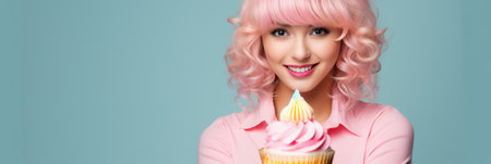 beautiful young woman in pink wig holding cupcake isolated on blueの素材