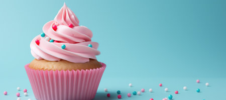 Cupcake with pink cream and sprinkles on a blue backgroundの素材