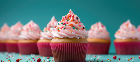 Cupcakes with pink frosting and sprinkles on blue backgroundの素材