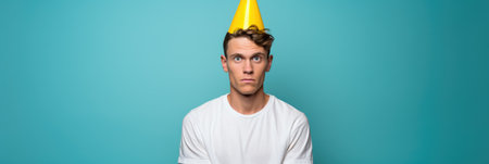 young man in party hat looking at camera isolated on blue, panoramic shotの素材