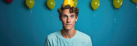 young man with birthday hat and balloons on blue background, panoramic shotの素材