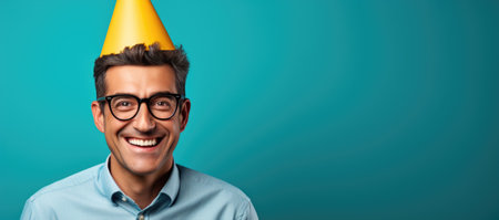 happy young man in party hat and glasses over blue background with copy spaceの素材