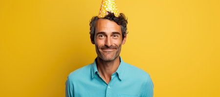 Handsome middle age man with birthday hat on a yellow backgroundの素材
