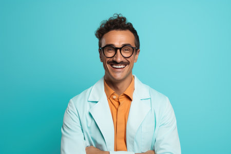 smiling man in eyeglasses looking at camera on blue backgroundの素材