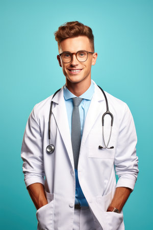 smiling male doctor in eyeglasses with stethoscope over blue backgroundの素材