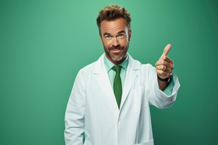 smiling doctor in white coat pointing with finger at camera isolated on greenの素材