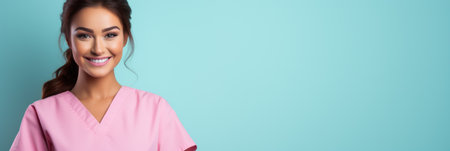 Portrait of young smiling female nurse or doctor in pink uniform, on blue background.の素材