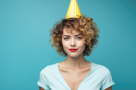 beautiful young woman in party hat looking at camera isolated on blueの素材