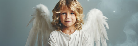 Cute blond boy with angel wings on gray background. Copy space.の素材