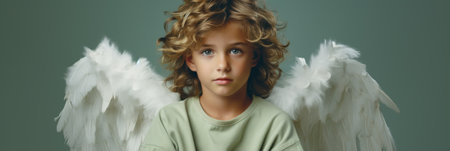 portrait of little boy with angel wings looking at camera isolated on grayの素材