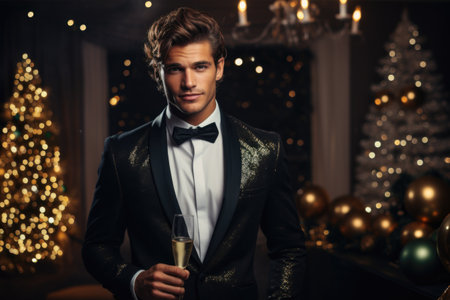 Handsome young man in elegant tuxedo with a glass of champagne.の素材