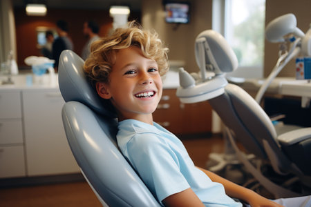 Portrait of smiling little boy sitting in dental chair at dentist officeの素材