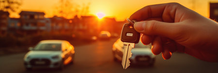 Car keys in hand on blurred city background. Real estate concept.の素材