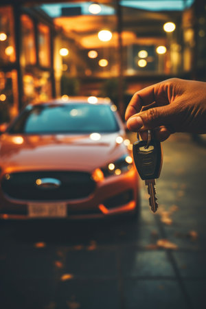 Hand holding car key on blurred background of night city street, vintage toneの素材