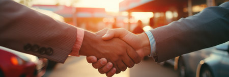 Business people shaking hands, finishing up a meeting. Concept of partnership and cooperation.の素材