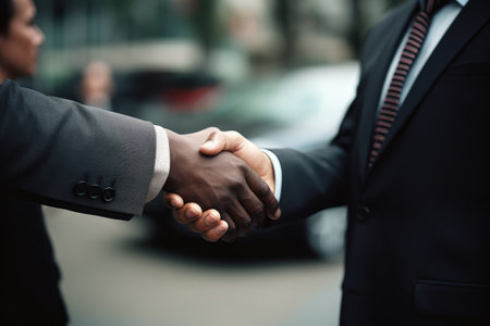 Close-up of two businessmen shaking hands outdoors. Business concept.の素材