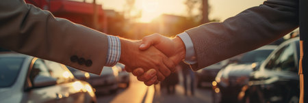 Close-up of two businessmen shaking hands on the background of the roadの素材