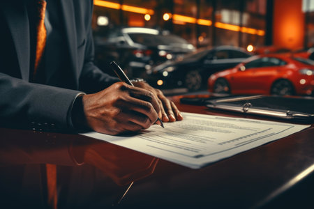 Close up of a man signing a contract with a car in the backgroundの素材