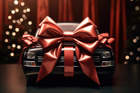 Black car with a red bow on the background of the Christmas treeの素材