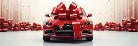 Red car with red gift bow on white background. 3d renderingの素材
