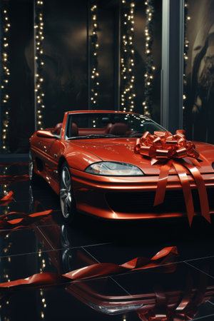 Red retro cabriolet with a red ribbon and bow on a black backgroundの素材