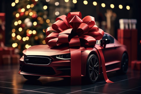 Red sports car with a red bow on the background of the Christmas treeの素材