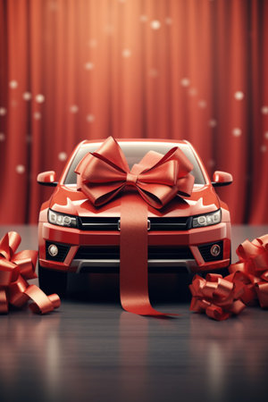 Red gift car with red ribbon bow on the background of the curtainsの素材