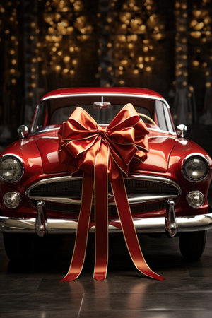 Wedding car with a red bow on the background of a churchの素材
